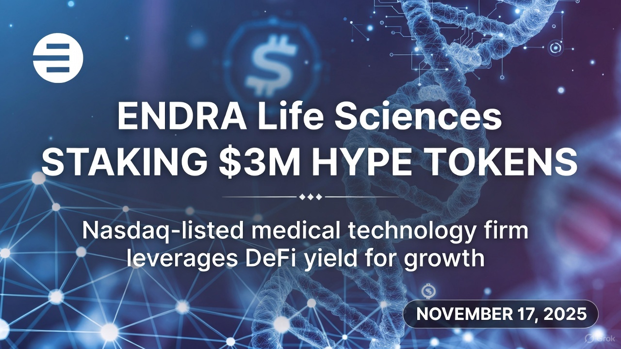 A sleek financial news thumbnail featuring a dark blue medical technology background with abstract DNA helices and ultrasound imaging elements. Bold white text reads “ENDRA Life Sciences STAKING $3M HYPE TOKENS” with subtext “Nasdaq-listed medical technology firm leverages DeFi yield for growth” and the date “November 17, 2025” in the lower right corner.