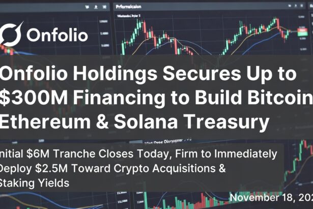 "Onfolio Holdings Inc. announces up to $300 million financing facility to build Bitcoin, Ethereum, and Solana corporate treasury, with initial $6M tranche closing November 18, 2025 and $2.5M immediately deployed to crypto acquisitions and staking yields – financial chart background"