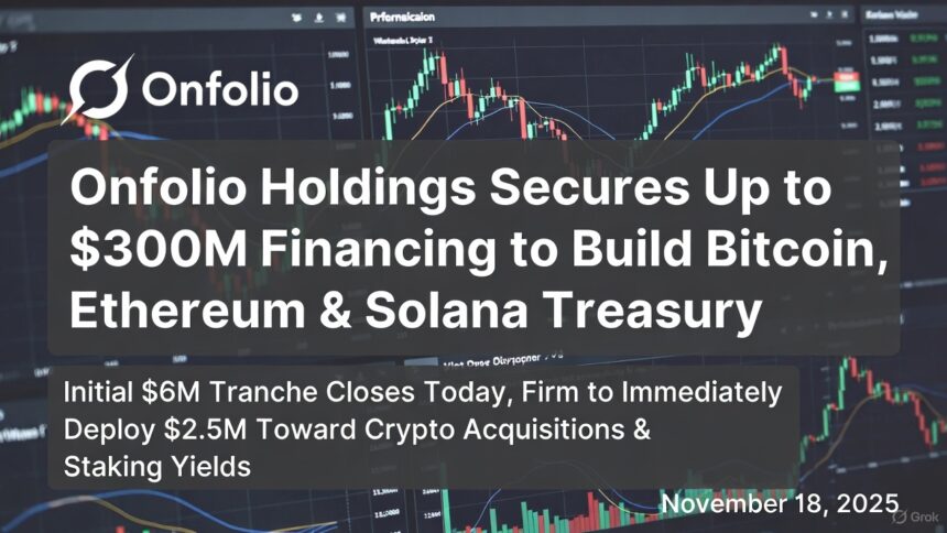 "Onfolio Holdings Inc. announces up to $300 million financing facility to build Bitcoin, Ethereum, and Solana corporate treasury, with initial $6M tranche closing November 18, 2025 and $2.5M immediately deployed to crypto acquisitions and staking yields – financial chart background"