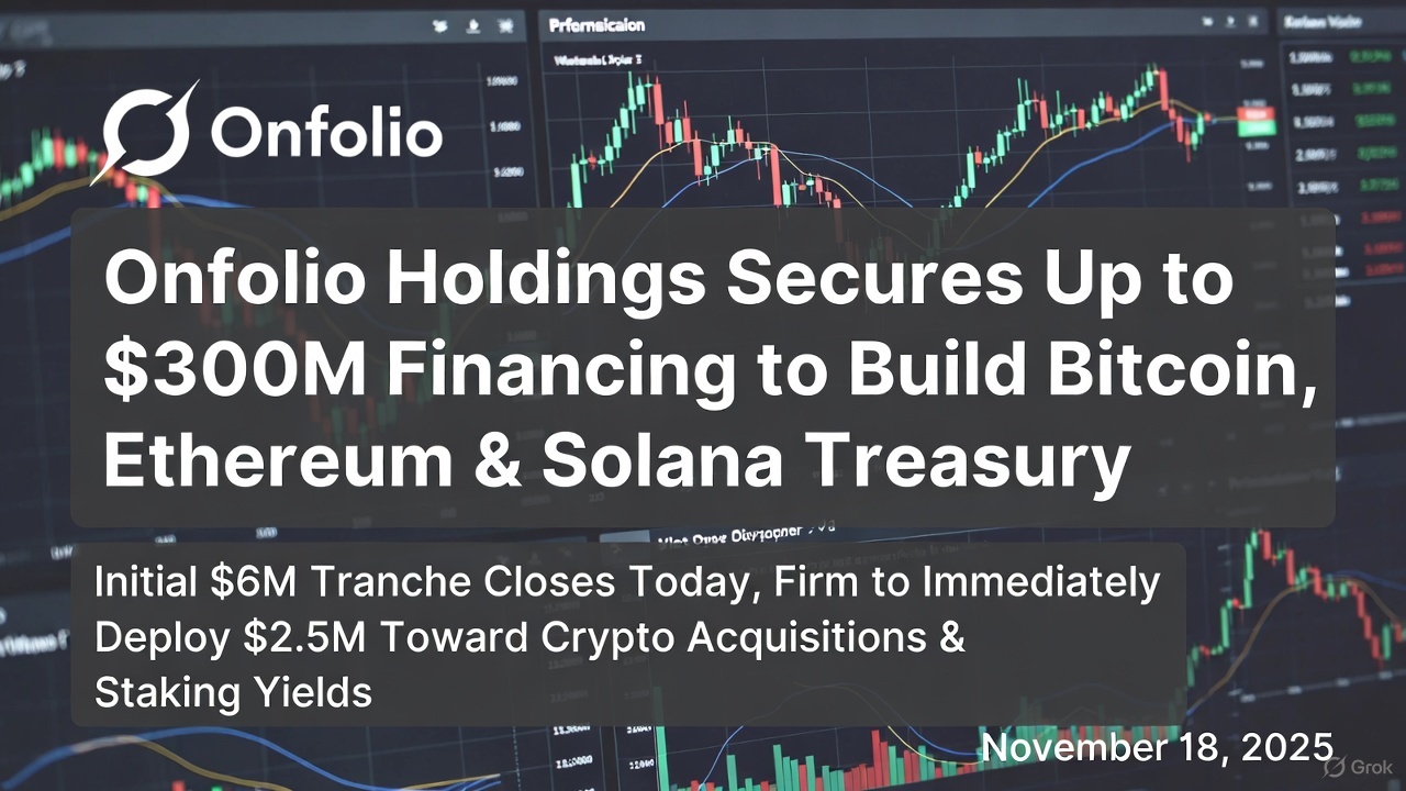"Onfolio Holdings Inc. announces up to $300 million financing facility to build Bitcoin, Ethereum, and Solana corporate treasury, with initial $6M tranche closing November 18, 2025 and $2.5M immediately deployed to crypto acquisitions and staking yields – financial chart background"