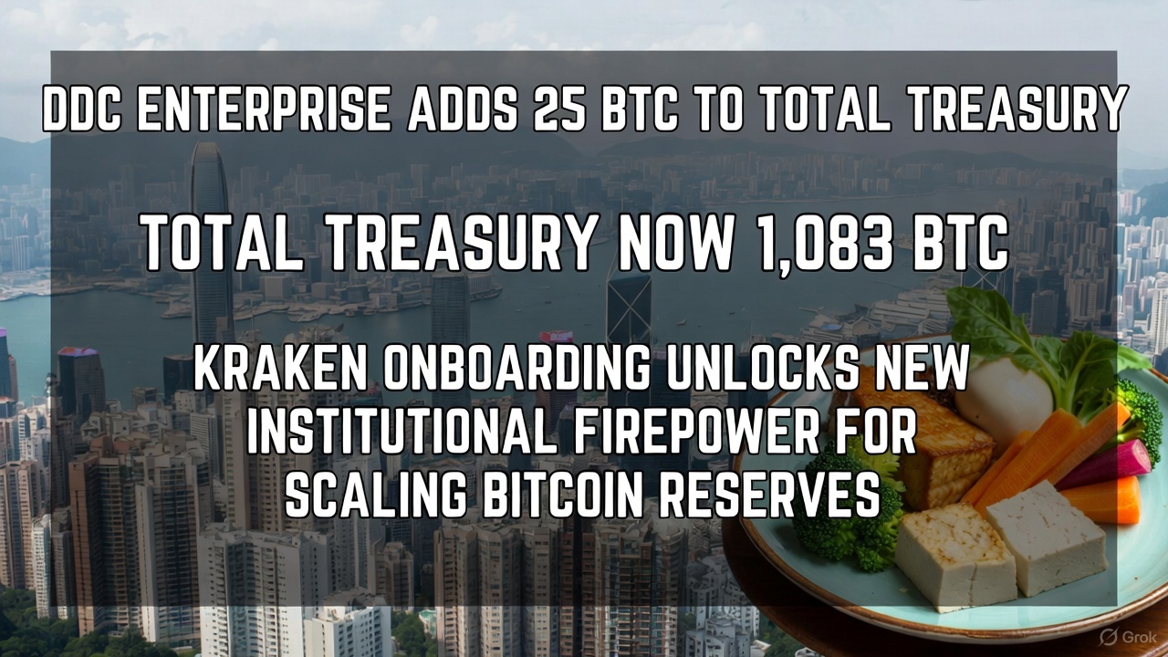 DDC Enterprise (NYSE: DDC) adds 25 BTC to its corporate treasury, bringing total holdings to 1,083 BTC. Kraken onboarding unlocks institutional-grade trading and custody firepower for scaling Bitcoin reserves. Background: Hong Kong skyline with plant-based Asian meal representing DDC's core food business.